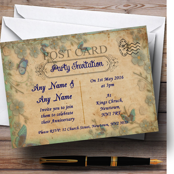Blue Floral Vintage Shabby Chic Postcard Customised Anniversary Party Invitations