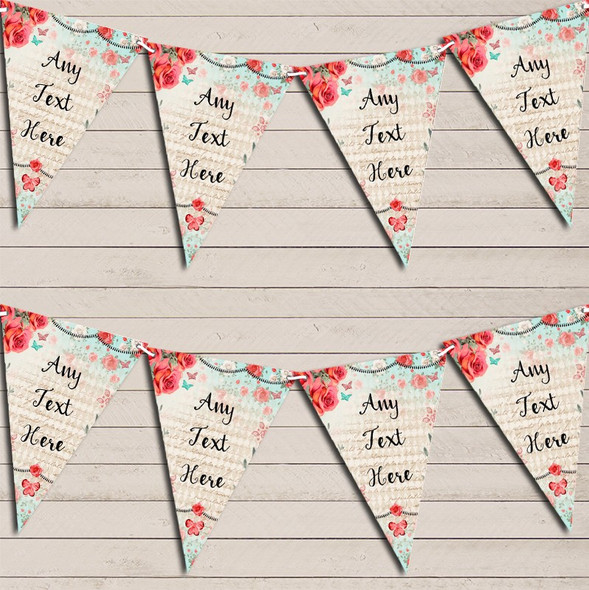 Blue Pink Rustic Vintage Shabby Chic Floral Birthday Bunting