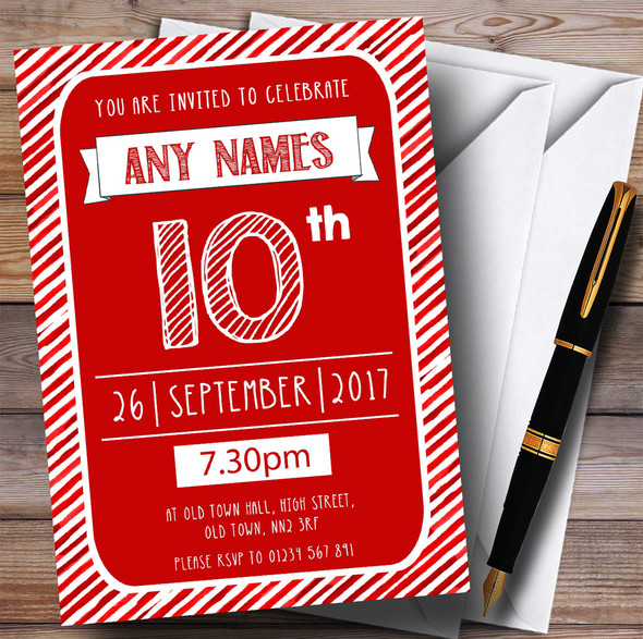 Red & White Stripy Deco 10th Customised Birthday Party Invitations