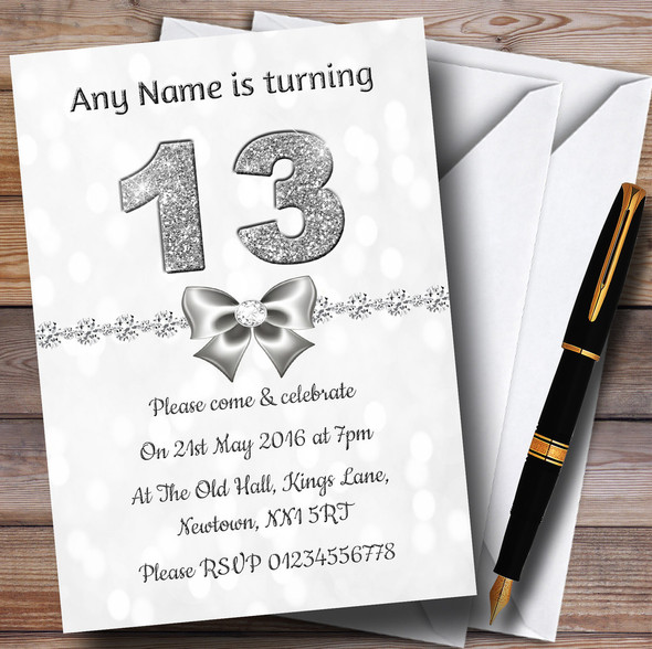 White Bokeh & Silver Glitter Look 13Th Customised Birthday Party Invitations