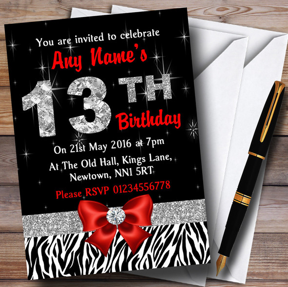 Red Diamond And Zebra Print 13Th Birthday Party Customised Invitations