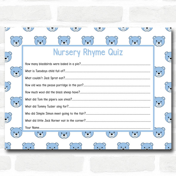 Boys Blue Teddys Baby Shower Games Nursery Rhyme Quiz Cards