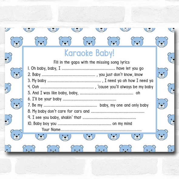 Boys Blue Teddys Baby Shower Games Song Lyric Karaoke Cards