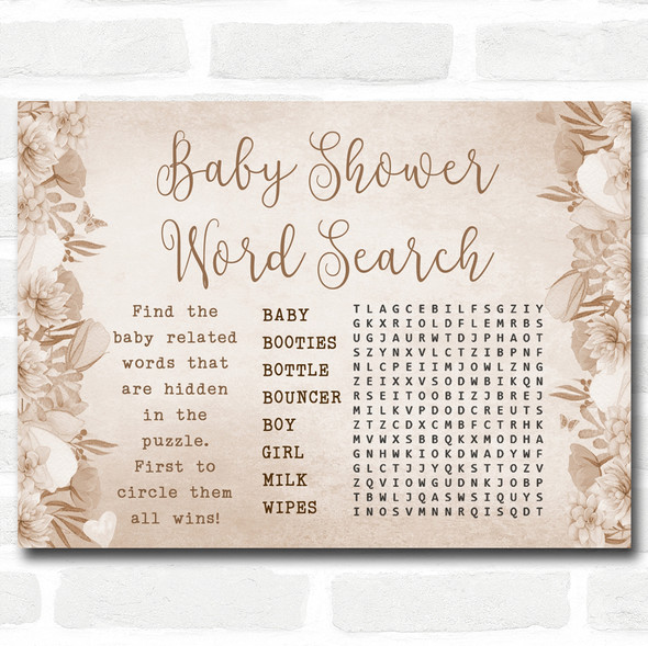 Floral Baby Shower Games Word Search Cards