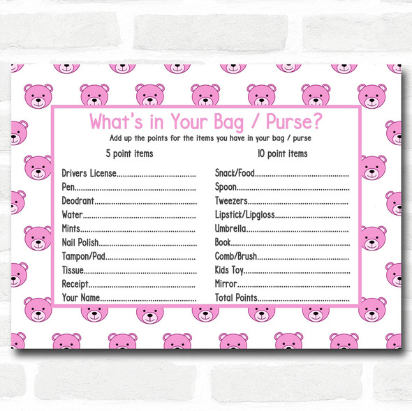 Girls Blue Teddys Baby Shower Games Whats in Your Bag Purse Cards