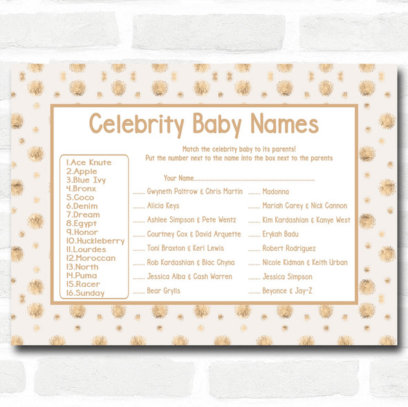 Neutral Gold Spots Baby Shower Games Celebrity Baby Name Cards
