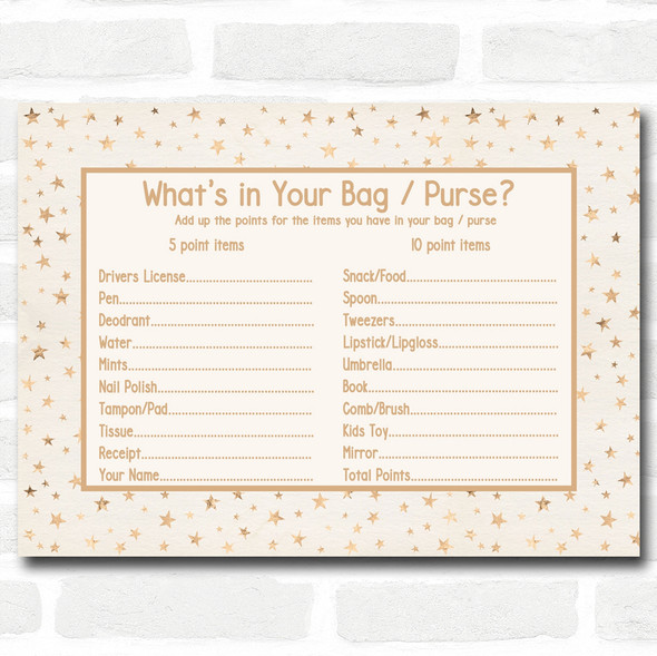 Neutral Gold Stars Baby Shower Games Whats in Your Bag Purse Cards