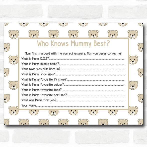 Neutral Teddys Baby Shower Games Who Knows Mum Best Cards