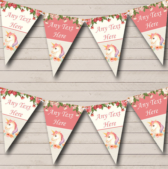 Floral Coral Pink Unicorn Children's Party Bunting