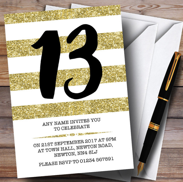 Glitter Gold & White Striped 13th Customised Birthday Party Invitations