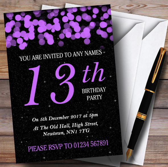 Purple Bokeh & Stars 13th Customised Birthday Party Invitations