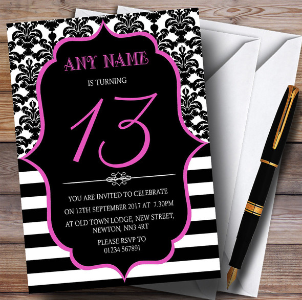 Vintage Damask Pink 13th Customised Birthday Party Invitations