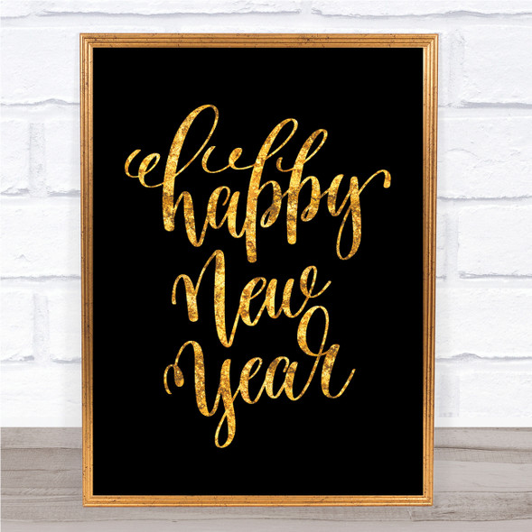 Christmas Happy New Year Quote Print Black & Gold Wall Art Picture