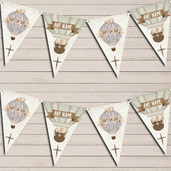 Hot Air Balloon Teddy Bear Vintage Baptism Day Christening Bunting