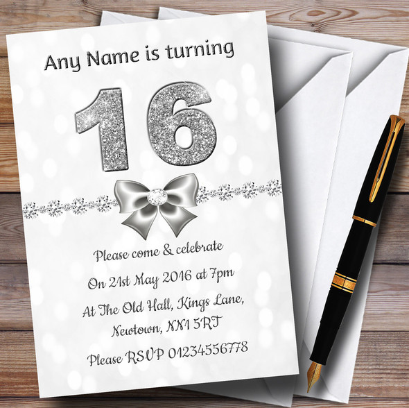 White Bokeh & Silver Glitter Look 16Th Customised Birthday Party Invitations