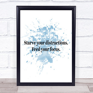 Starve Your Distractions Inspirational Quote Print Blue Watercolour Poster