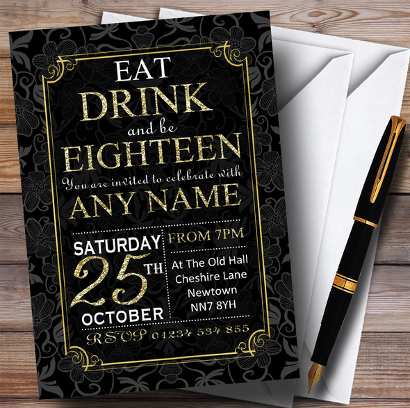 Black & Gold Flowers 18th Customised Birthday Party Invitations