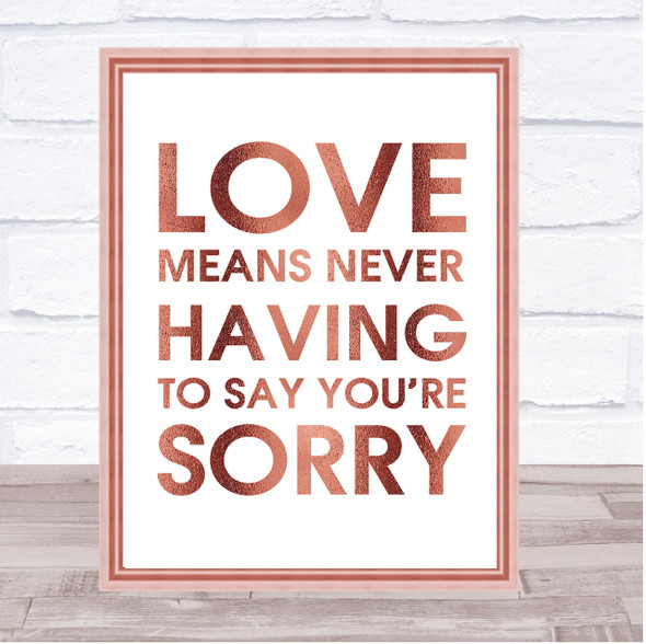 Rose Gold Love Means Never Having To Say You're Sorry Love Story Quote Print