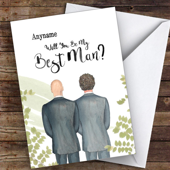 Bald White Curly Brown Hair Will You Be My Best Man Personalised Greetings Card