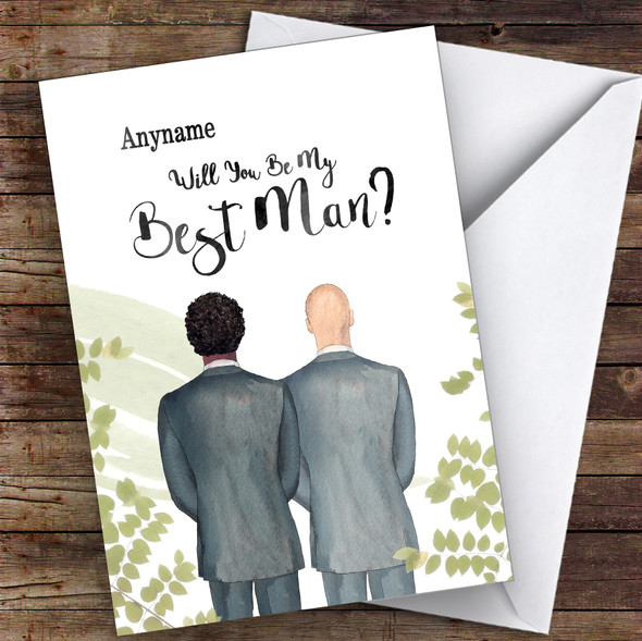 Curly Black Hair Bald White Will You Be My Best Man Personalised Greetings Card