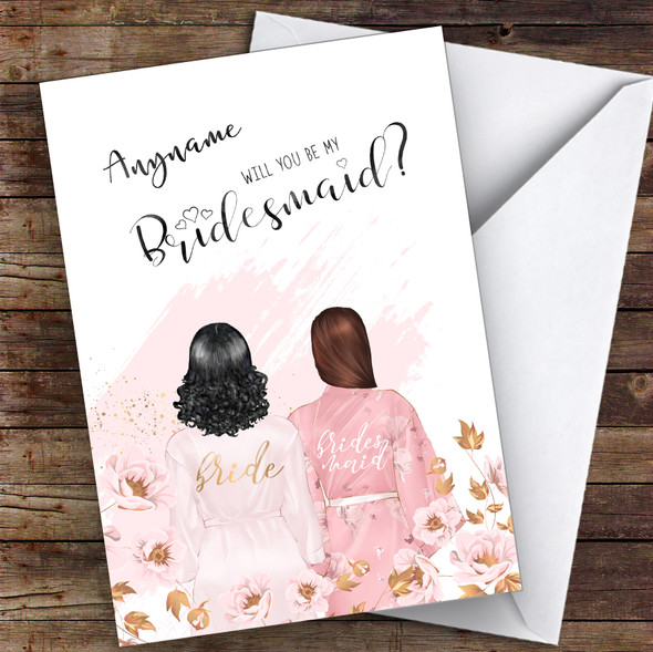 Black Curly Hair & Brown Swept Hair Will You Be My Bridesmaid Personalised Card