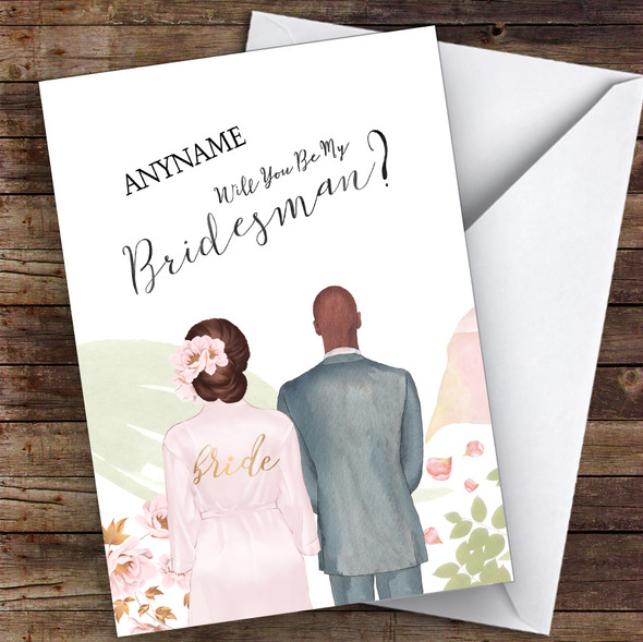 Brown Floral Hair Bald Black Will You Be My Bridesman Personalised Card