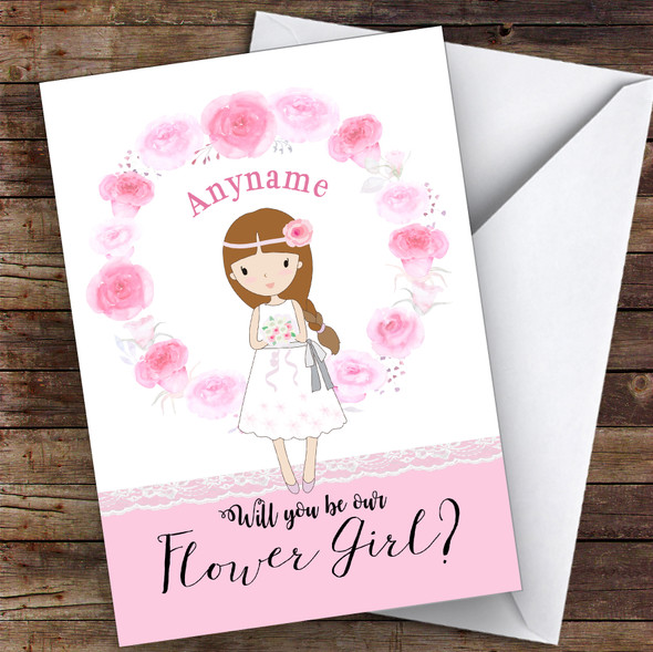Cartoon Girl Long Plaited Hair Will You Be My Flower Girl Personalised Card