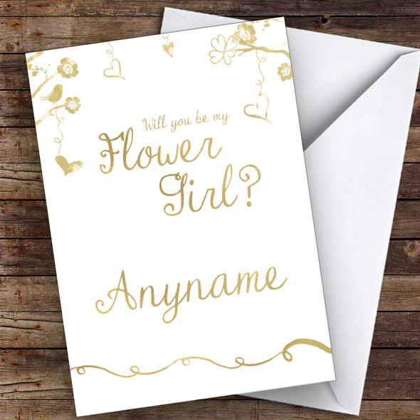 Gold Branches Twirls Will You Be My Flower Girl Personalised Greetings Card