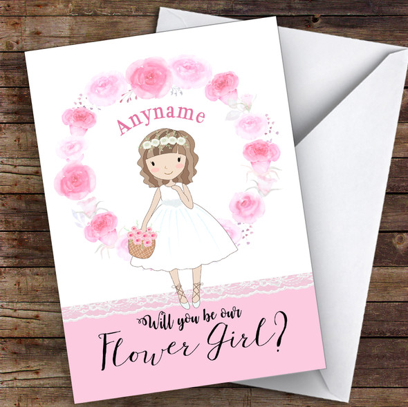 Cartoon Girl Short Brown Hair Will You Be My Flower Girl Personalised Card
