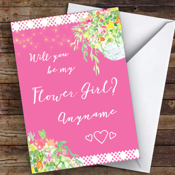 Pink Glitter Lights Basket Will You Be My Flower Girl Personalised Card