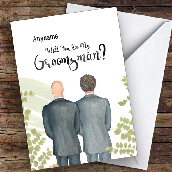 Bald White Curly Brown Hair Will You Be My Groomsman Personalised Greetings Card