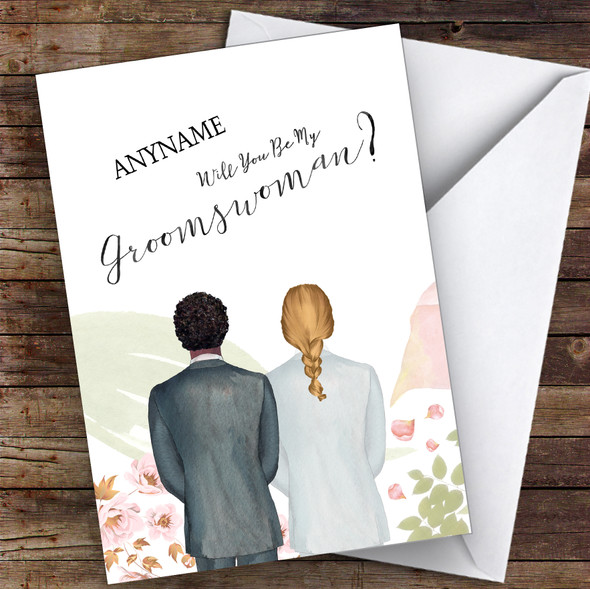 Curly Black Hair Blond Plaited Hair Will You Be My Groomswoman Personalised Card