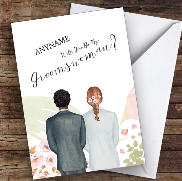 Curly Black Hair Brown Plaited Hair Will You Be My Groomswoman Personalised Card