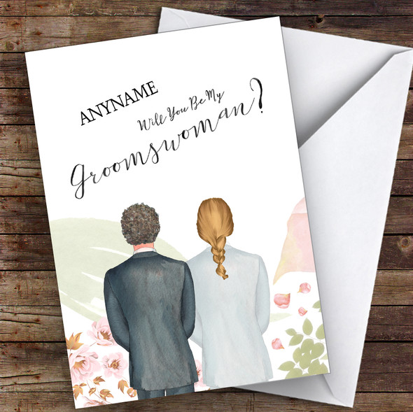 Curly Brown Hair Blond Plaited Hair Will You Be My Groomswoman Personalised Card