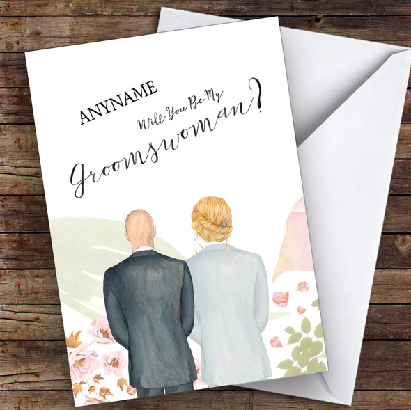 Bald White Blond Hair Up Will You Be My Groomswoman Personalised Greetings Card