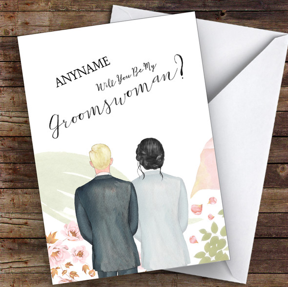 Blond Hair Black Hair Up Will You Be My Groomswoman Personalised Greetings Card