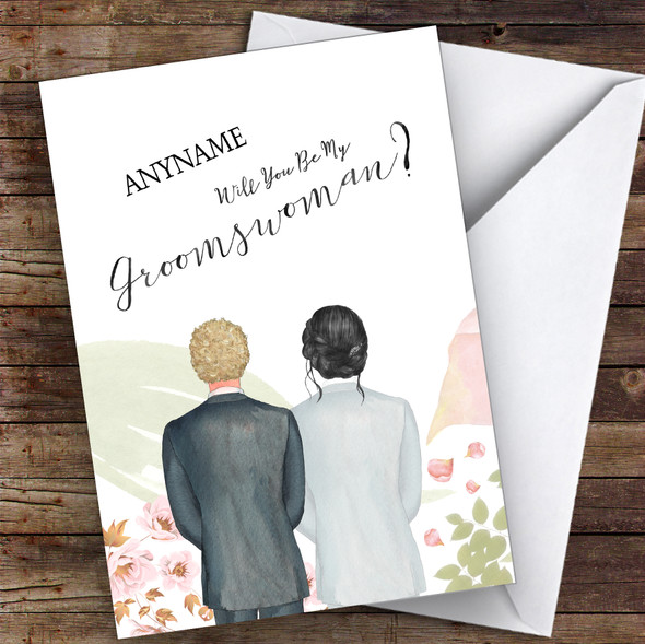 Curly Blond Hair Black Hair Up Will You Be My Groomswoman Personalised Card