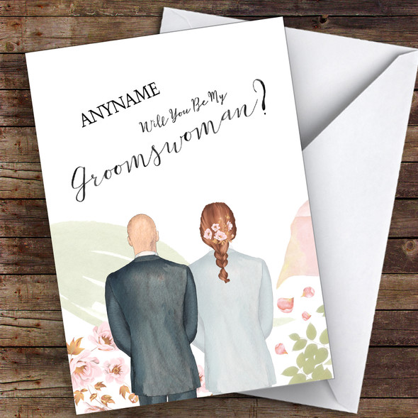 Bald White Brown Plaited Hair Will You Be My Groomswoman Personalised Card