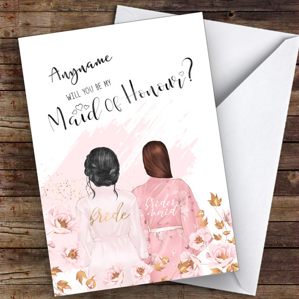 Black Hair Up & Brown Swept Hair Will You Be My Maid Of Honour Personalised Card