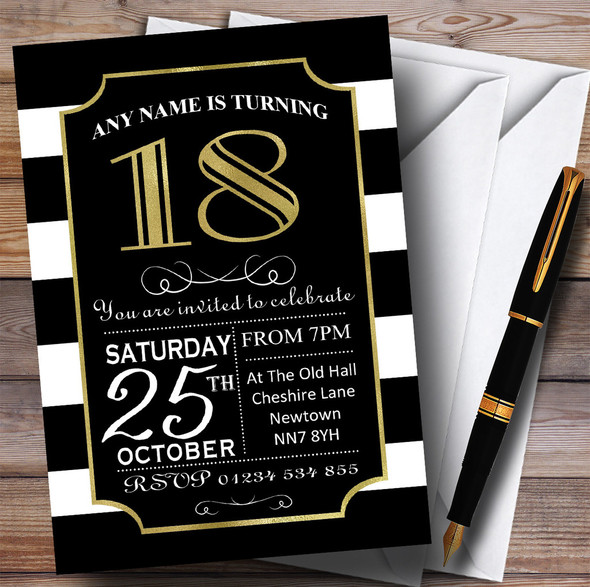 Black & White Stripy Gold 18th Customised Birthday Party Invitations