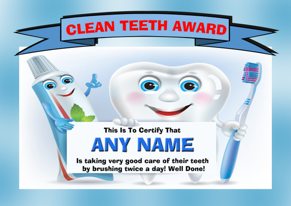 Personalised Tooth Care Children's Clean Teeth Brushing Award Certificate Blue