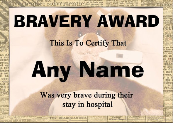 Poorly Teddy Bear Bravery Award Personalised Certificate Hospital