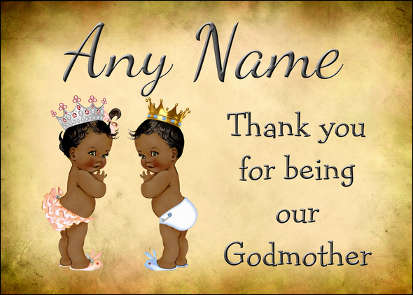 Vintage Baby Twin Black Girl & Boy Godmother Thank You  Personalised Printed Certificate
