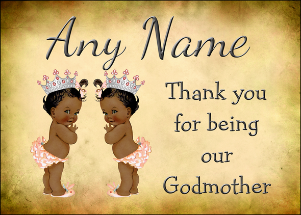 Vintage Baby Twin Black Girls Godmother Thank You  Personalised Printed Certificate