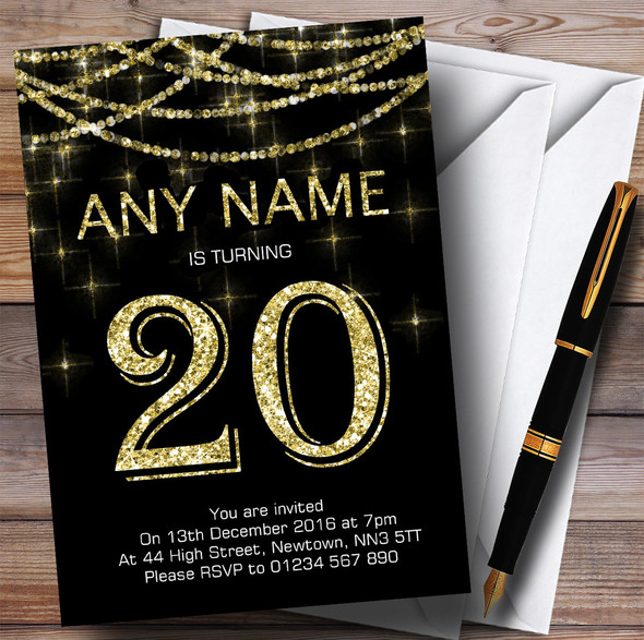 Black & Gold Sparkly Garland 20th Customised Birthday Party Invitations