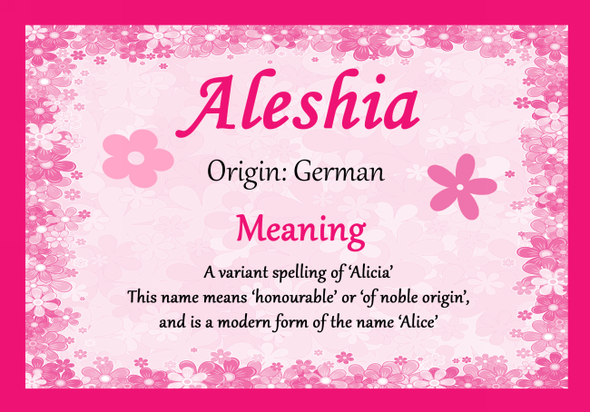 Aleshia Personalised Name Meaning Certificate