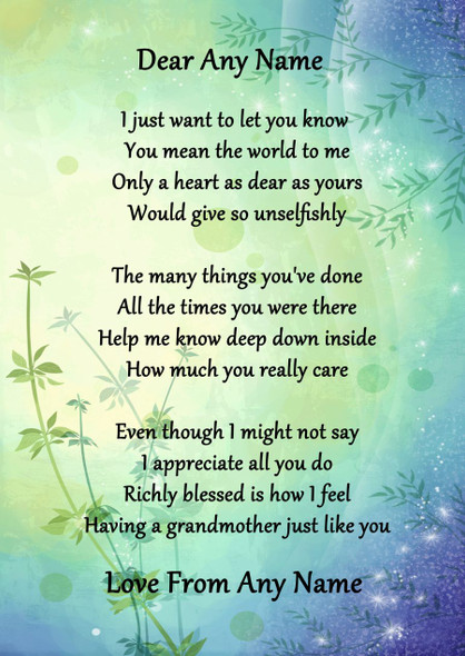 Green & Blue My Lovely Grandmother Personalised Poem Certificate