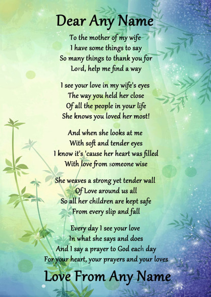 Green & Blue My Wife's Mother Personalised Poem Certificate