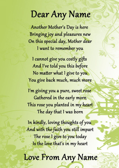 Green Mothers Day Personalised Poem Certificate
