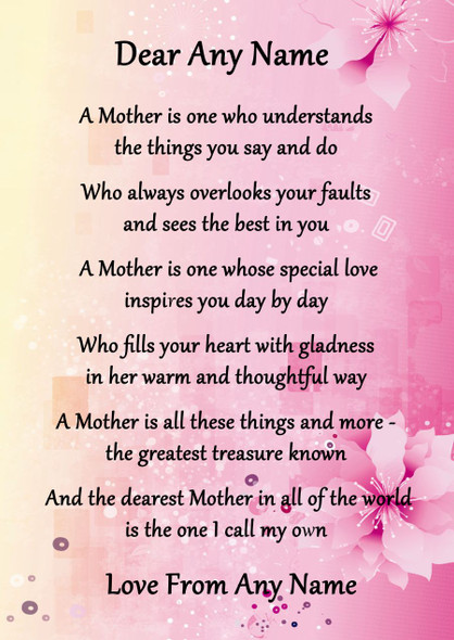 Pink & Yellow A Mother Is Personalised Poem Certificate